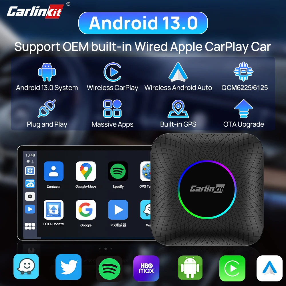 CarlinKit Tbox LED  Wireless CarPlay+Android Auto+Android 13 Streaming box  3 in 1 car adapter 