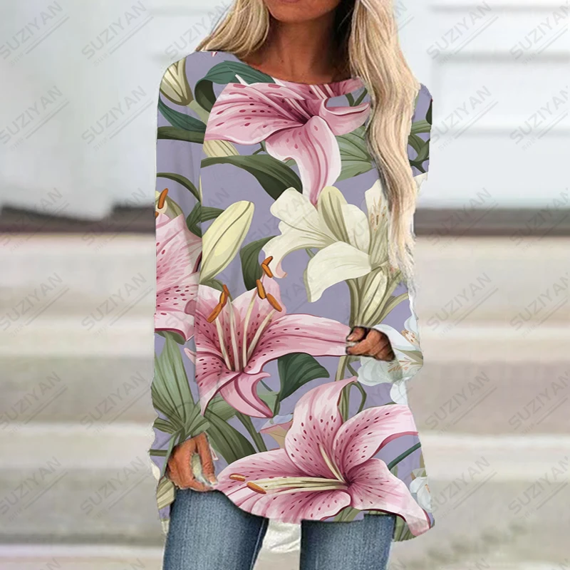 Harajuku Style Dress Primavera Autunno Dress Basic Manica Lunga O-Collo Dress Allentato Casual Plus Size Dress Flowers 3D Print Dress