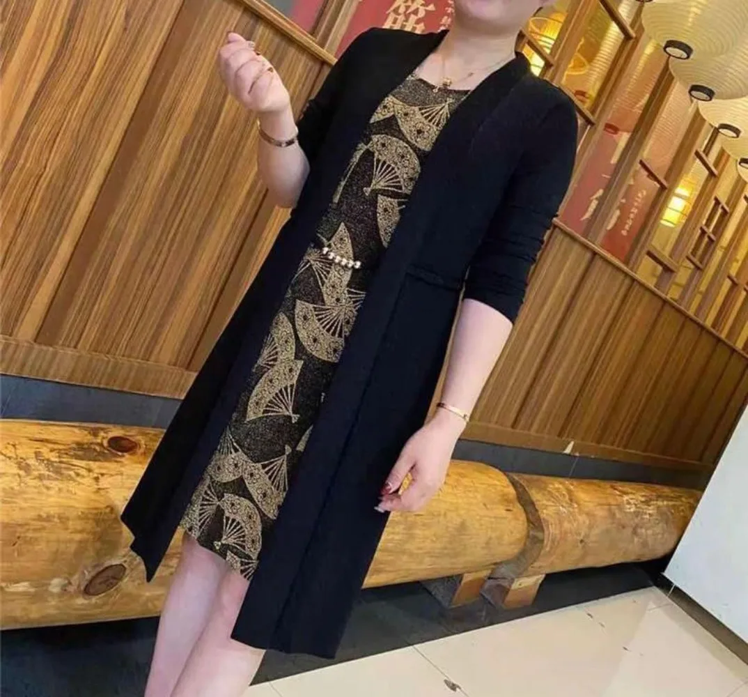 플러스 사이즈 여성용 라운드 넥 긴팔 가짜 투피스 원피스, 우아한 기질 원피스, 프린트 원피스, 가을 및 겨울 패션