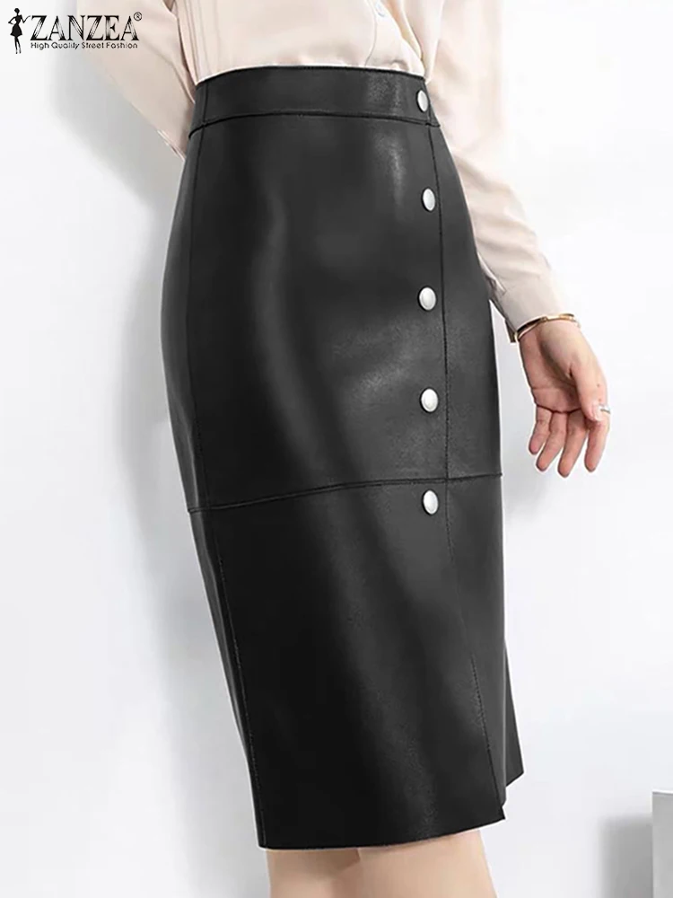 

ZANZEA Women Cutting Line Zipper Jupe PU Leather Skirt Fashion High Waist Knee-length Skirts 2023 Autumn Designer Buttons Faldas