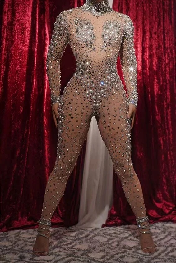 

New Designed Big Pearls Rhinestones Stretch Transparent Jumpsuit Evening Birthday Celebrate Outfit Sexy Dancer Bodysuit