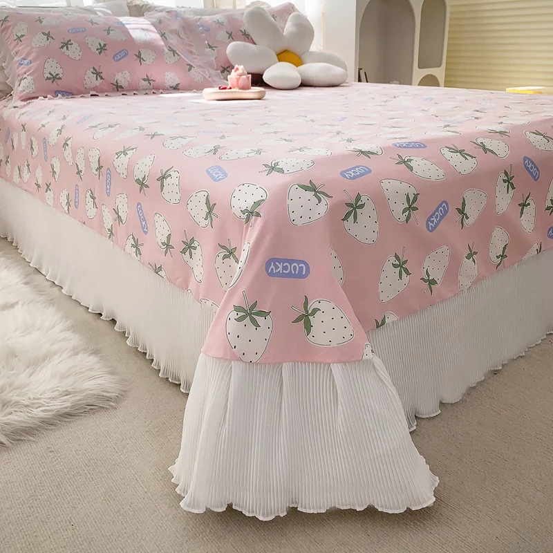 

100% Pure Cotton Lace Flowers Bed Skirt Bedding Bedsheet Bed Linen Couple Bedspread Mattress Cover Sheets for Bed Flat Sheet