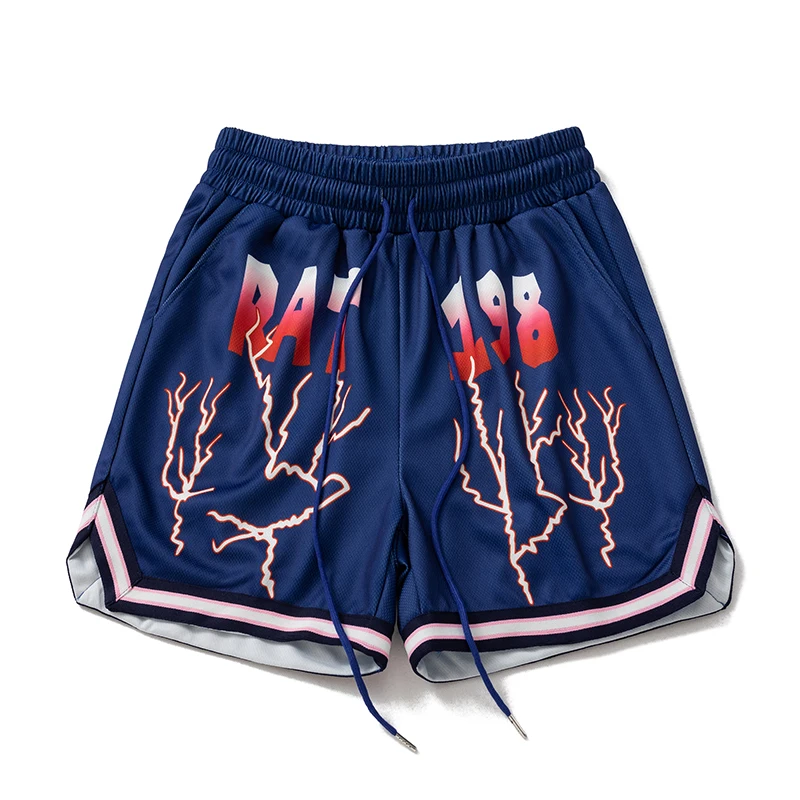 Lightning Mesh Printed Summer Shorts American Retro Double Layered Overweight Loose and Breathable Shortpant for Men Women