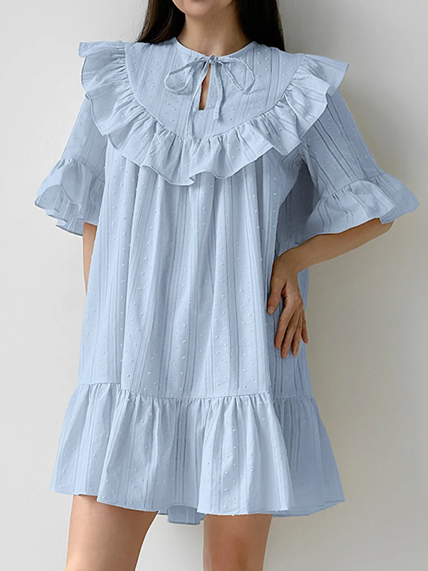 Marthaqiqi Cotton Female Sleepwear O-Neck Pajamas Half Sleeve Nightgowns Lace Up Nightwear Casual Ruffle Edge Home Clothes Women