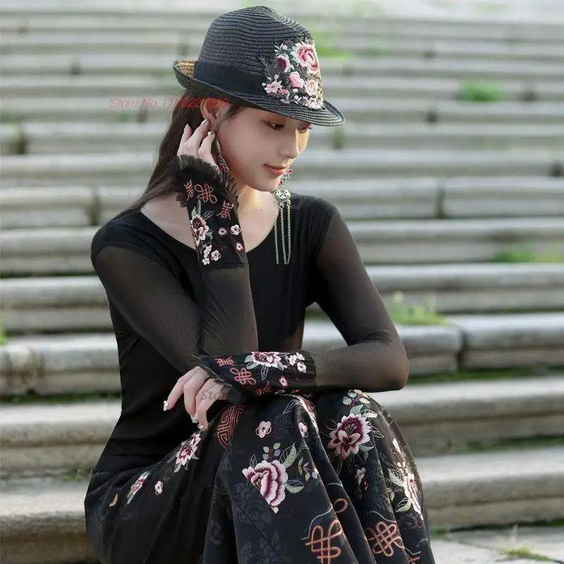 

2024 chinese vintage base shirt national flower embroidery hanfu tops o-neck mesh shirt oriental vintage ethnic shirt streetwear