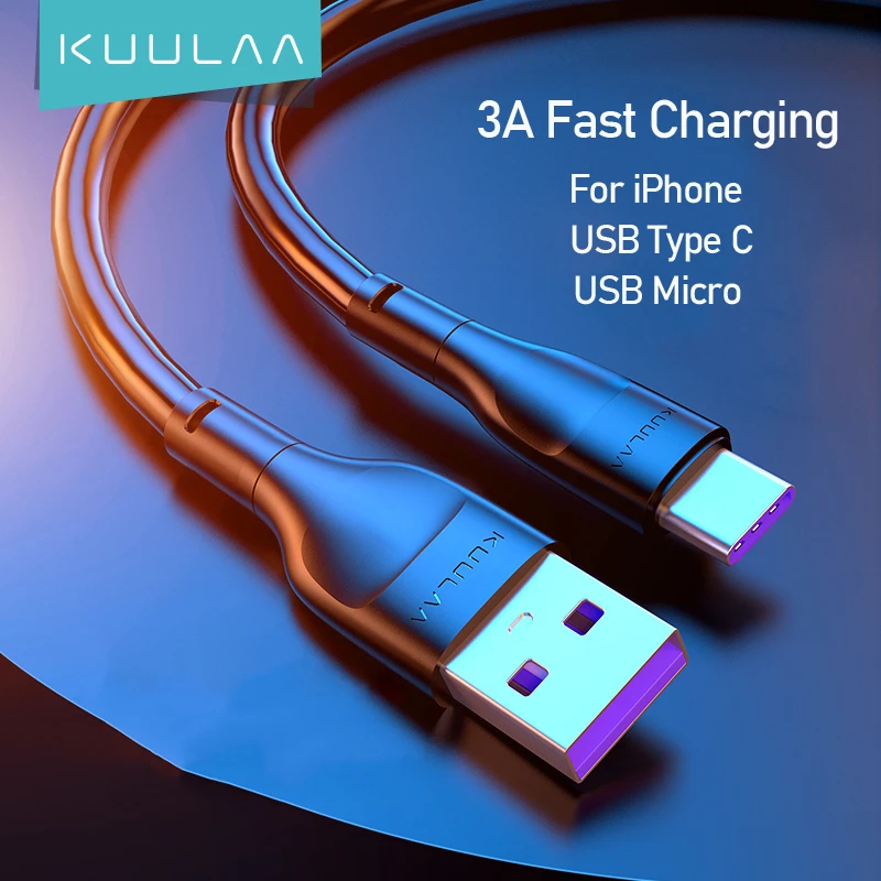 KUULAA 3A USB Type C Micro USB Phone Charger Charging Cable Cord Fast Charge Mobile Phone Cables Wire for iPhone Xiaomi Redmi android charger adapter
