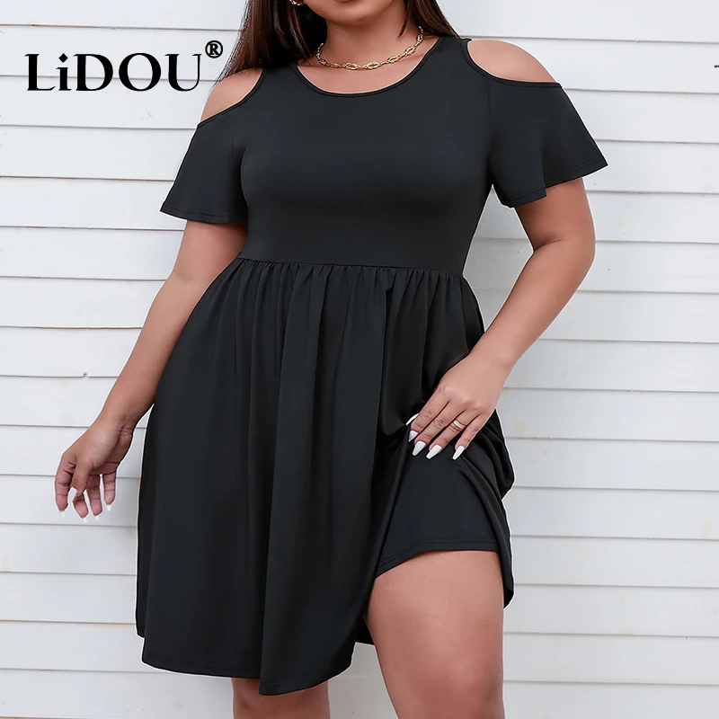 Summer Fashion Solid Color Plus Size Aesthetic Dress Women Elegant Sexy Chic Simple Short Sleeve Strapless Vestidos De Fiesta women summer plus size dress ladies fashion solid turn down collar casual short sleeve cotton button tunic dress vestidos