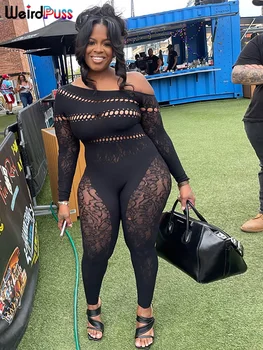 Weird Puss Sexy Hollow Tight Jumpsuit Women Irregular Off Shoulders Skinny Elastic Diamonds Long Sleeve Fall Clubwear Overalls 2