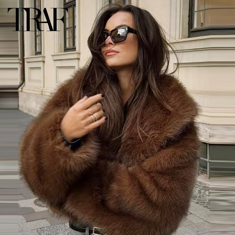 TRAF Women's Winter Jacket Fluffy Faux Fur Coat Women Crop Brown Burgundy Jacket Fashion Plush Long Sleeve Coats Hairy Outwears