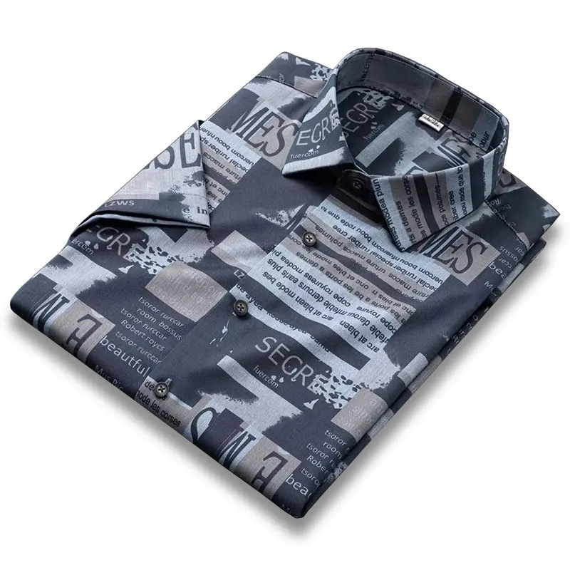 Summer New Men Short Sleeve Stretch Bamboo Fiber Dress Shirts Printed Soft Fashion Social Thin Smart Casual Shirt For Men