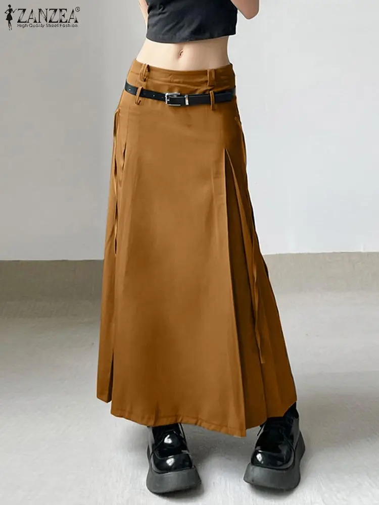 

Юбка ZANZEA Женская однотонная с заниженной талией, модная плиссированная юбка-макси в Корейском стиле, праздничная трапециевидная юбка на шнуровке, весна 2024
