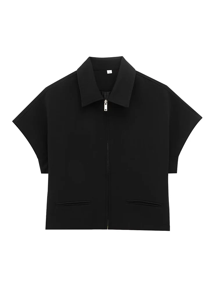 TFMLN Casual Set For Women Summer 2025 New Slim Lapel Zipper Short Sleeve Coat Top Wide Leg Pants Two Piece Set Leisure Black