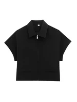 TFMLN Casual Set For Women Summer 2025 New Slim Lapel Zipper Short Sleeve Coat Top Wide Leg Pants Two Piece Set Leisure Black - Image 2