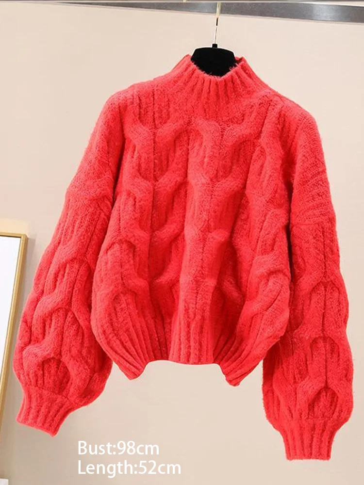 Autumn and Winter New Women's Clothing Semi-turtleneck Women's Lantern Sleeve Sweater Fashionable Loose Knitted Top