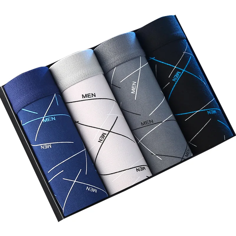 4pcs men's underwear, comfortable, soft and fashionable daily line print intimate boxer briefs, sporty and breathable boxers
