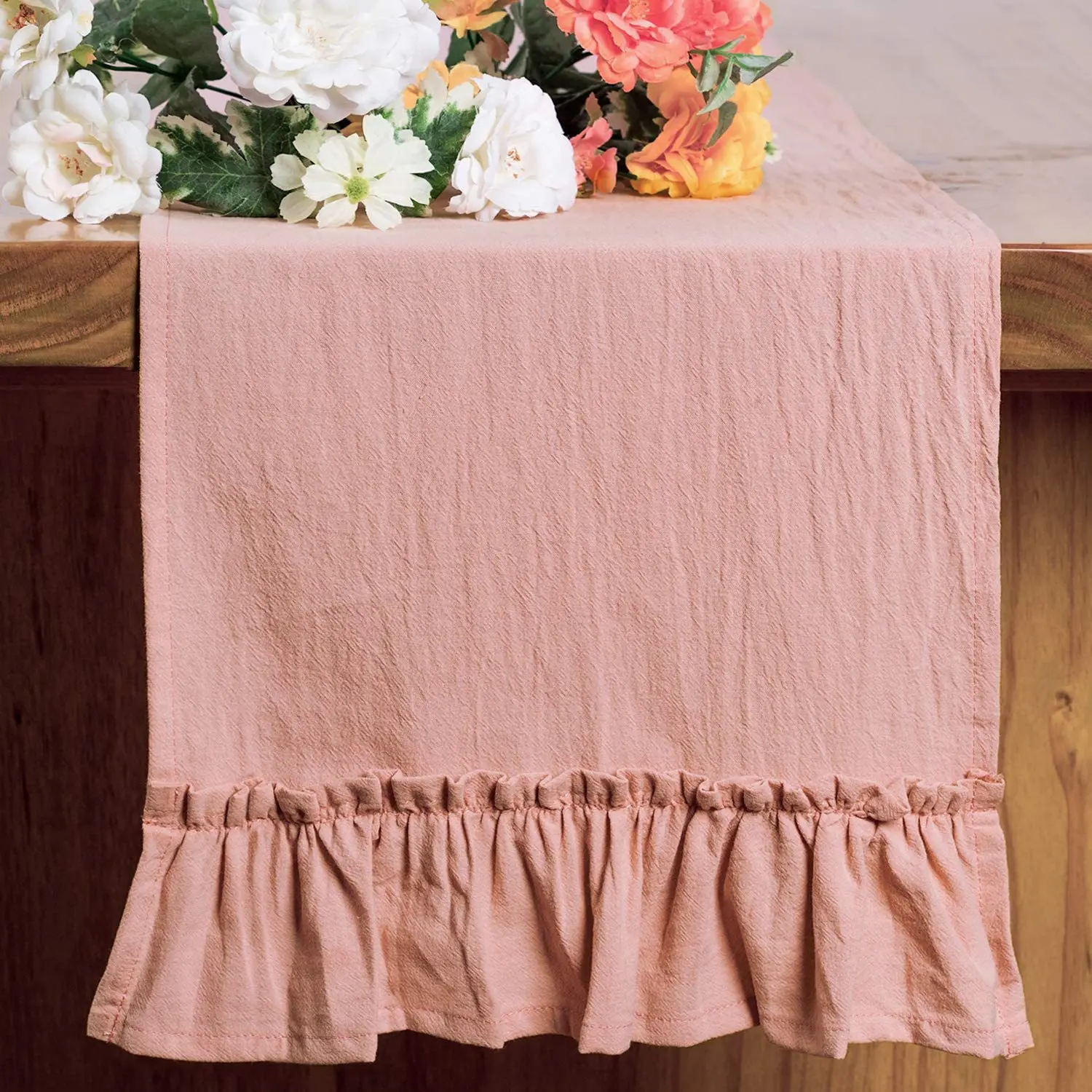 Cotton Shabby Chic Table Runner Farmhouse Ruffled Table Runner Rustic Table Ornaments for Holiday Wedding Christmas, Natural
