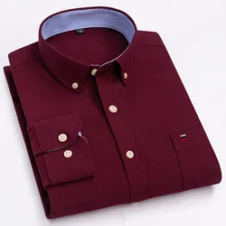 Men's Long Sleeve Cotton Plaid Oxford Shirt - Regular Fit, Oversized Options - 47  Size 185CM 110KG (Wine red)