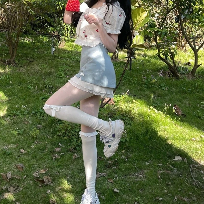 여자 여름 스타킹 발레 스타일 리본 리본 넥타이 투각 레이스 줄무늬 양말