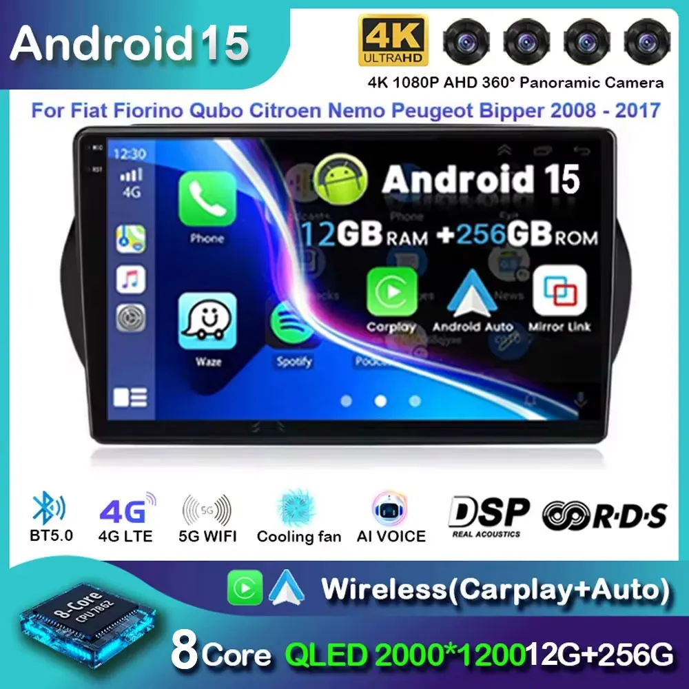 Autoradio Android 15 Per FIAT Fiorino/Qubo/Peugeot Bipper/Citroen Nemo - Schermo 7 Pollici HD, 4GB RAM + 64GB, Con CarPlay/Android Auto Senza Fili, GPS, Wi-Fi, Bluetooth E Retrocamera