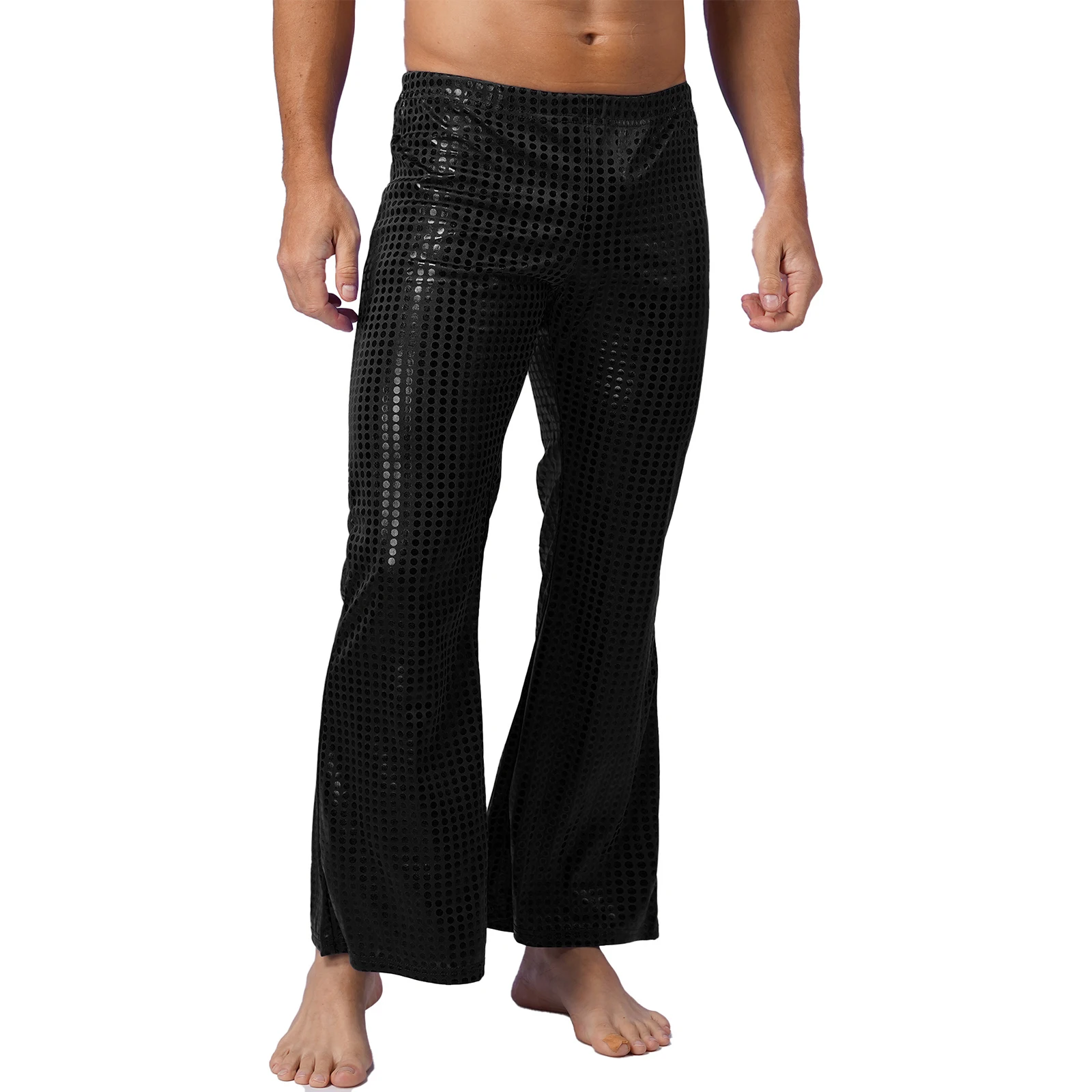 Mens Shiny Sequins Long Pants Disco Dance Pants Party Stage Performance Costume Bell Bottom Elastic Waistband Flared