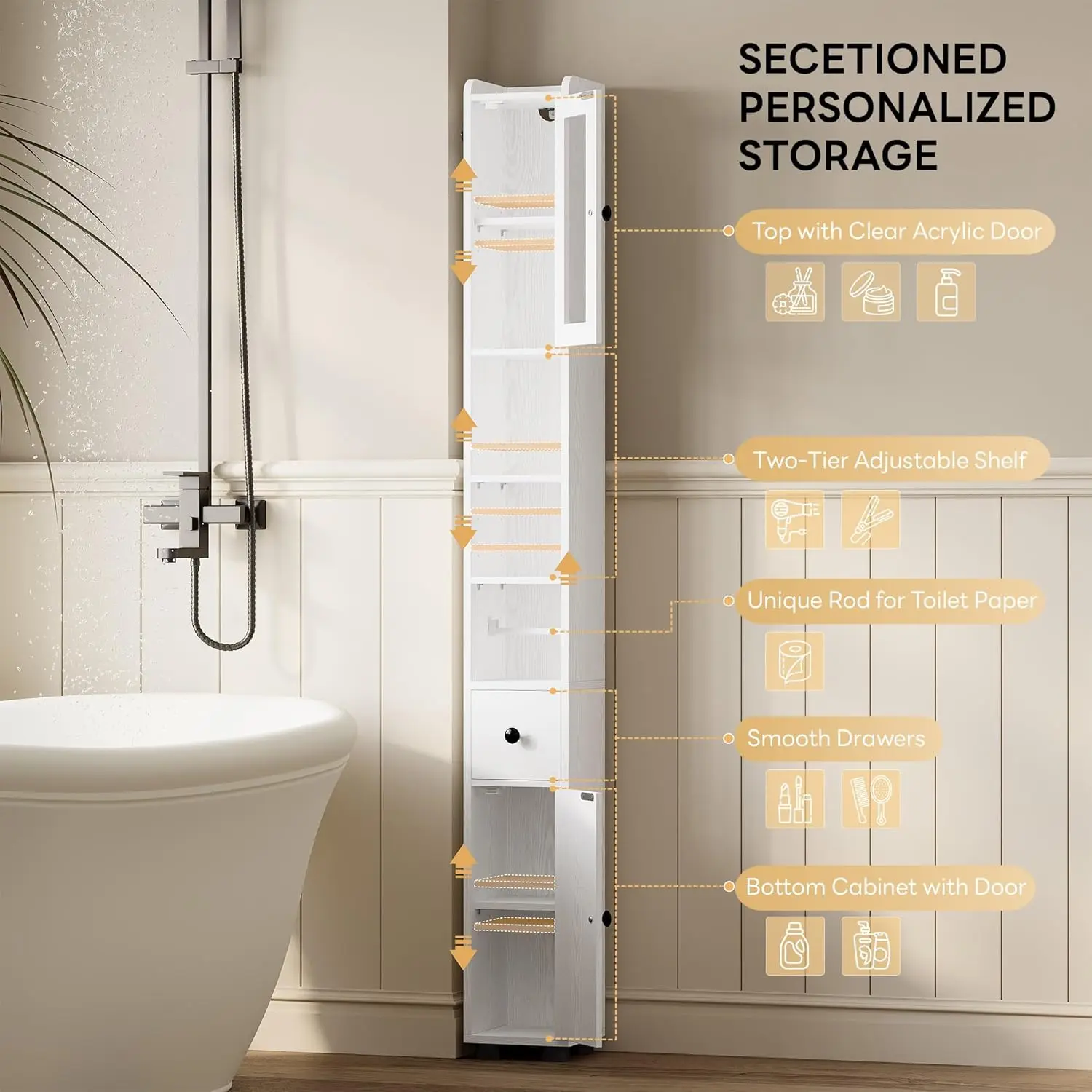 71" Tall Bathroom Storage Cabinet, Narrow Storage Cabinet with Adjustable Shelves, Retractable Toilet Paper Rod and 2 Hooks