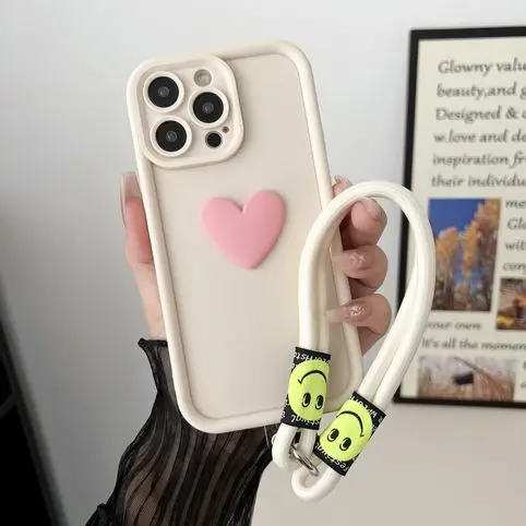 3D Love Heart Wrist Chain Phone Case with Lanyard Cover