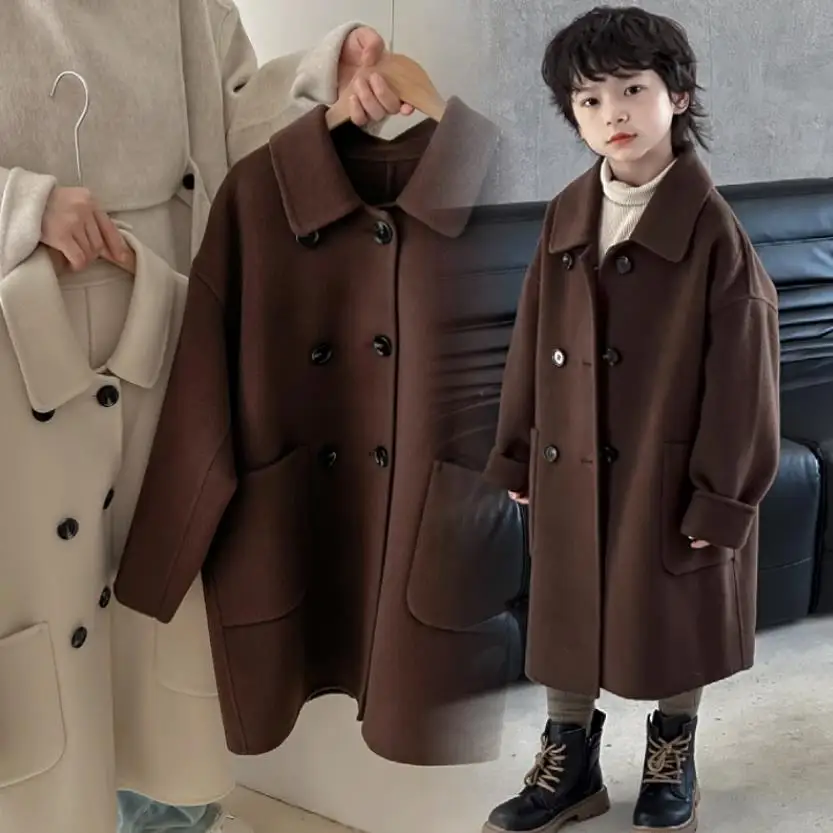 

2023 Winter New Children's 100% Wool Coat Double Breasted Design Double-Sided Thicker Warm Overcoat Jacket For Boys Girls A3100