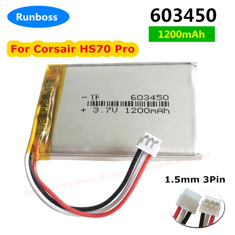

3.7V 1200mAh 603450 Lipo Polymer Battery for Corsair HS70, HS75 XB , RDA0031 RDA0034, Corsair HS70 Pro Wireless Gaming Headset