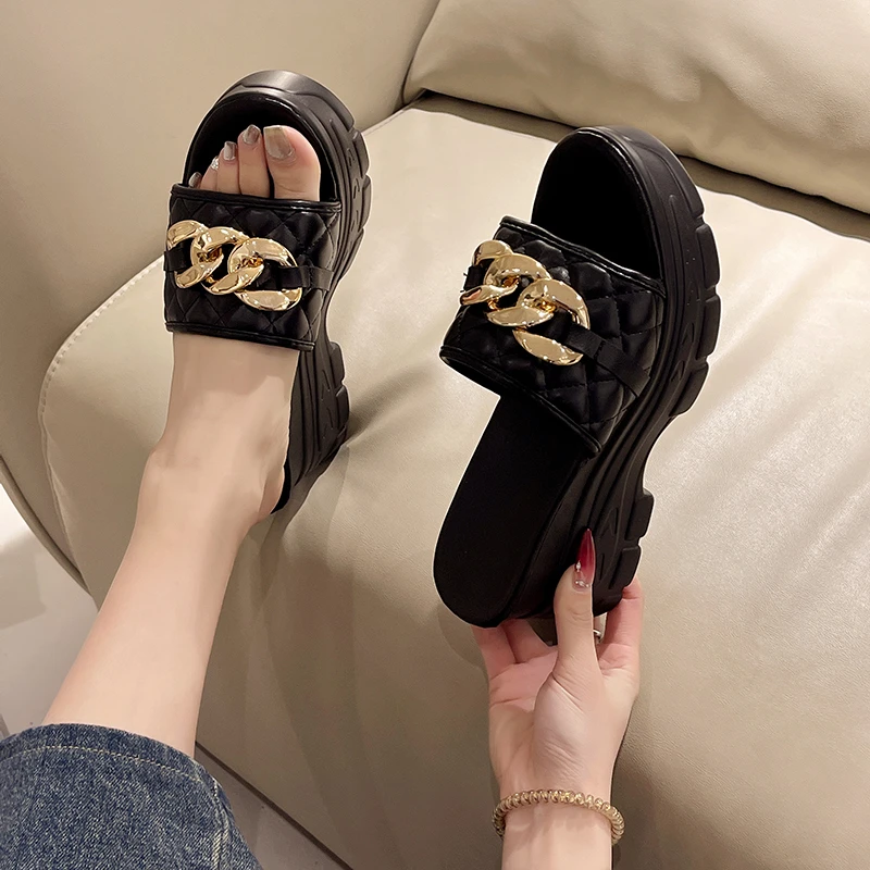 Women Sandals Chain Wedges Slippers High Heels Shoes Summer Luxury Open Toe Flip Flops Beach Pumps Mujer Slides