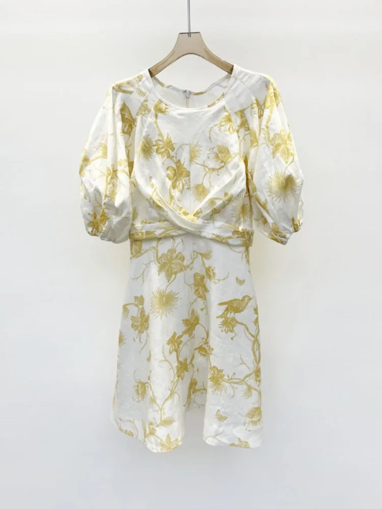 

New Women's Dress 100% Linen Beach Style Breathable Elegant Floral Print Puff Sleeve Lady Mini Robe Slim Female A-line Dress