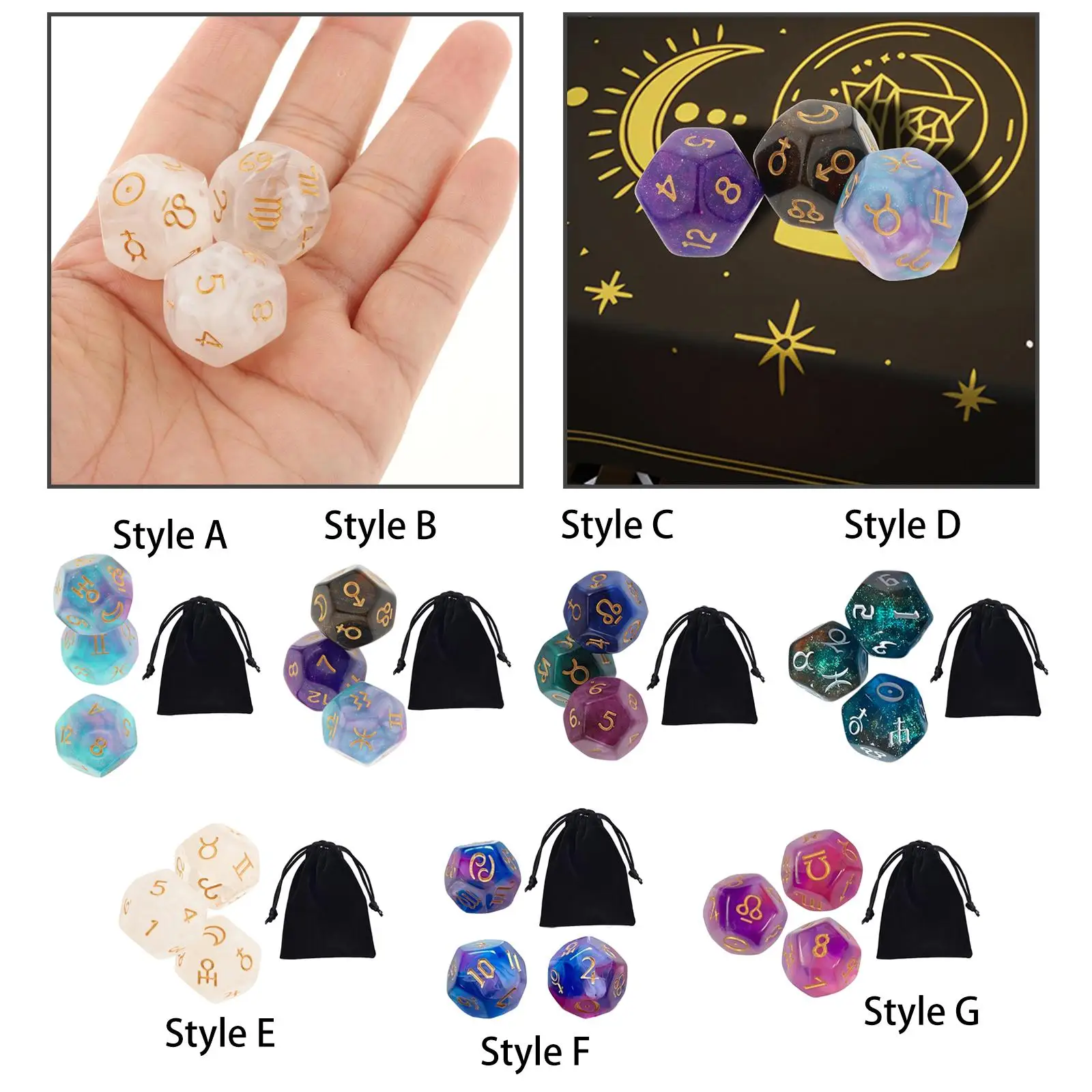 3Pcs Acrylic Astrology Dice Constellation dice Polyhedral Dices Set with Bag