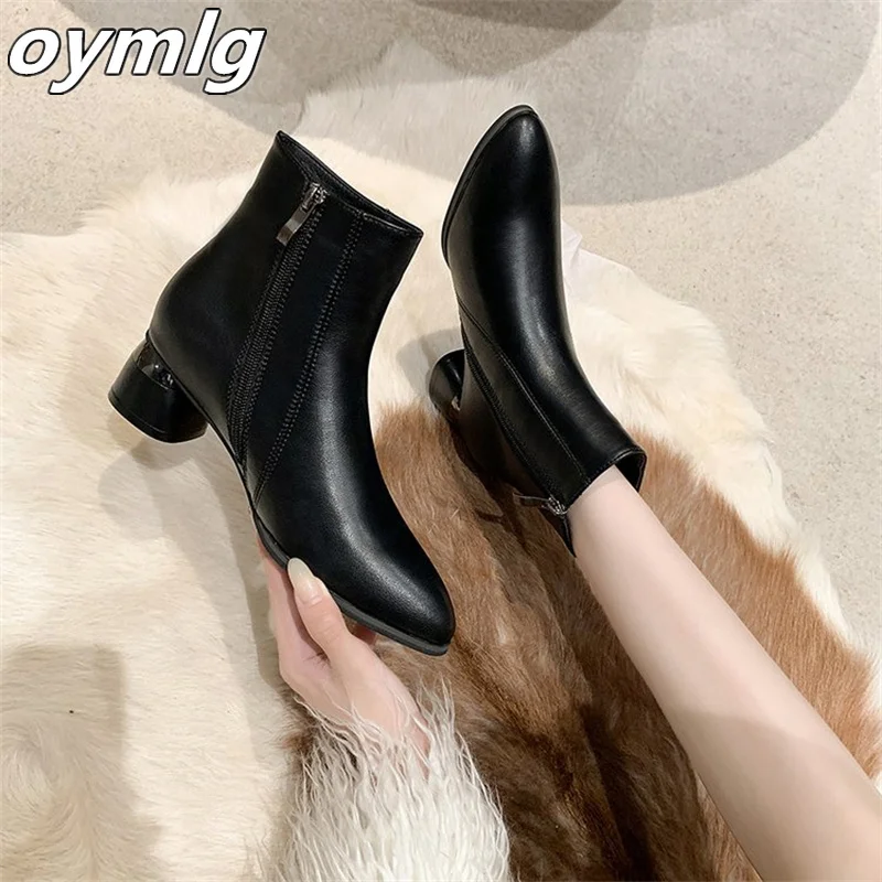 2023 Autumn/Winter New Ma Zhong Coarse Heel Short Boots Zipper Frosted Short Sleeve Women's Boots Pointed Single Boot
