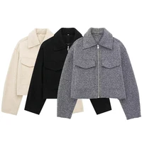 Willshela Women Fashion With Pockets Grey Front Zipper Jackets Vintage Lapel Neck Long Sleeves Female Chic Lady Outfits 1