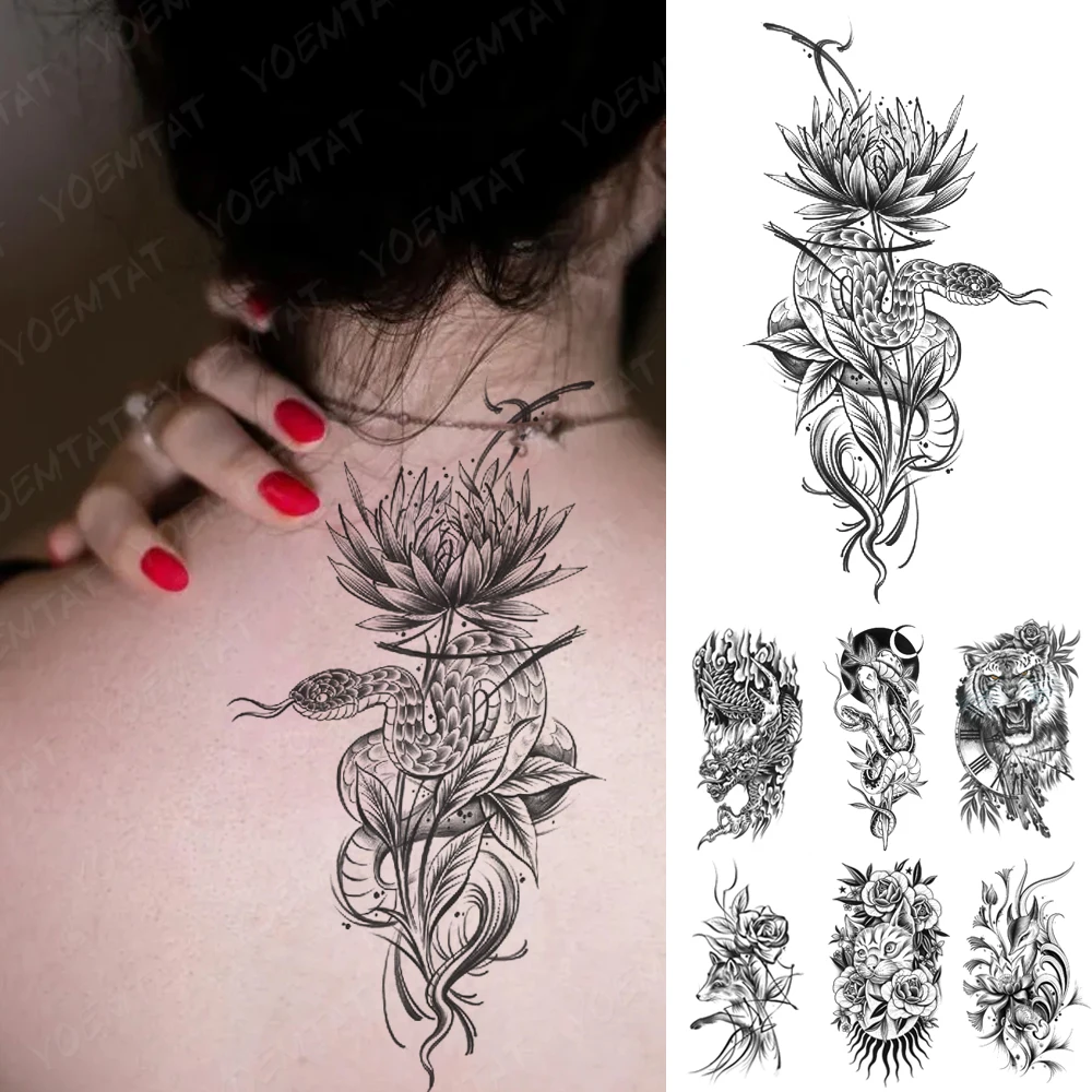 

Black Snake Waterproof Temporary Tattoos Sticker Cobra Lotus Sexy Dragon Rose Transfer Tattoo Body Art Fake Tatoo Arm Women Men