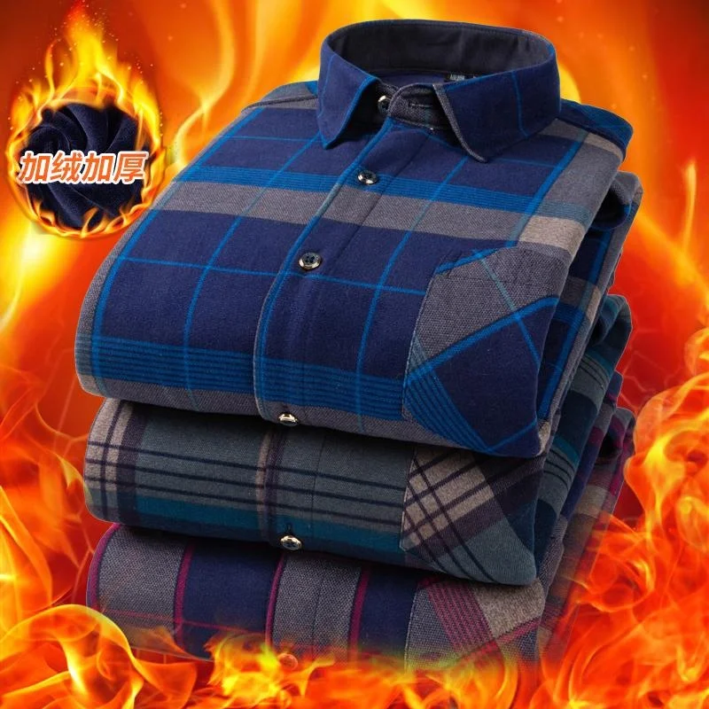 

2023 Winter Mens Thicken Formal Shirt Business Striped Shirt Slim Fit Mens Plaid Shirt Long Sleeve Warm Plush Shirt
