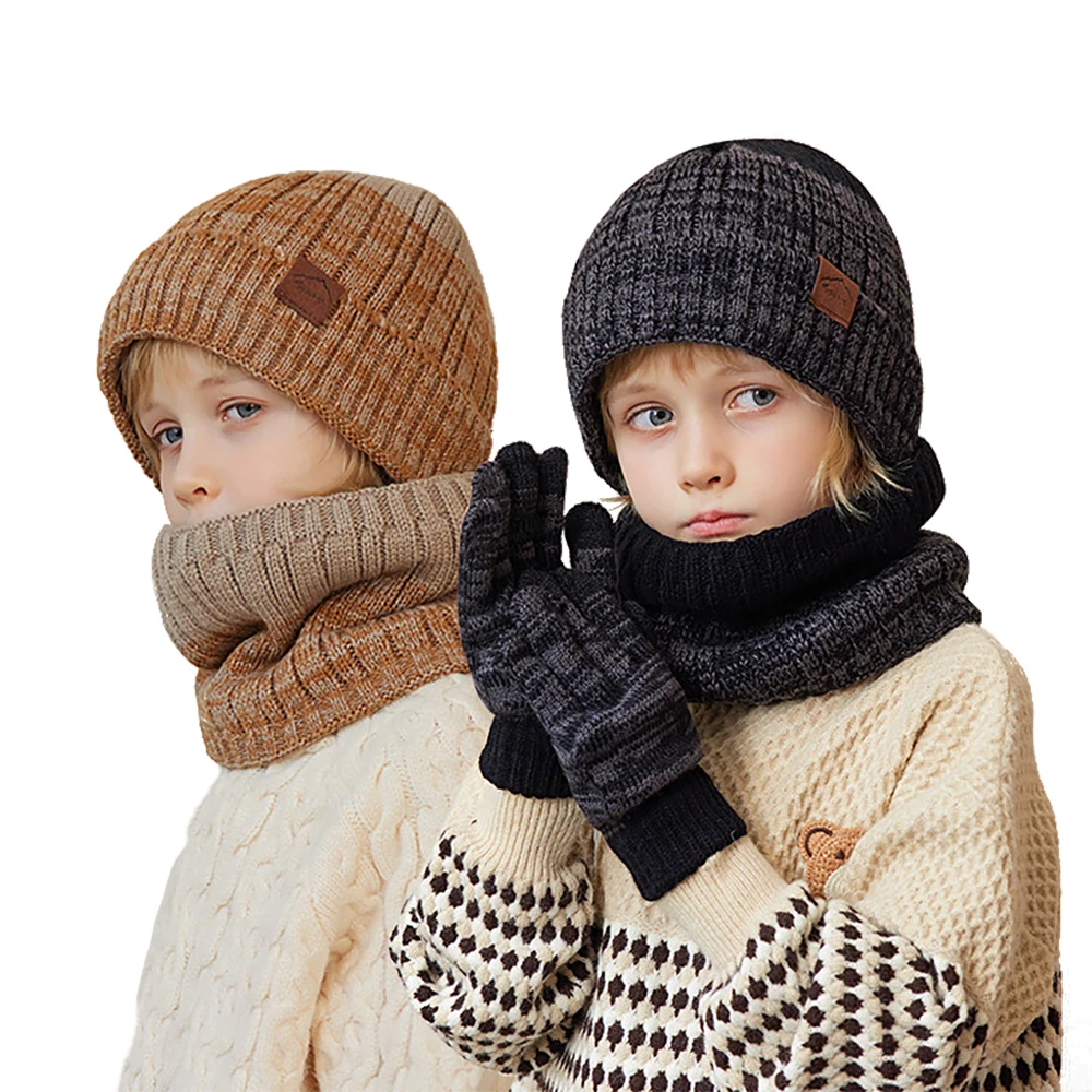 Kids Winter Keep Warm Beanie Scarf Gloves Set Pieces/ pcs