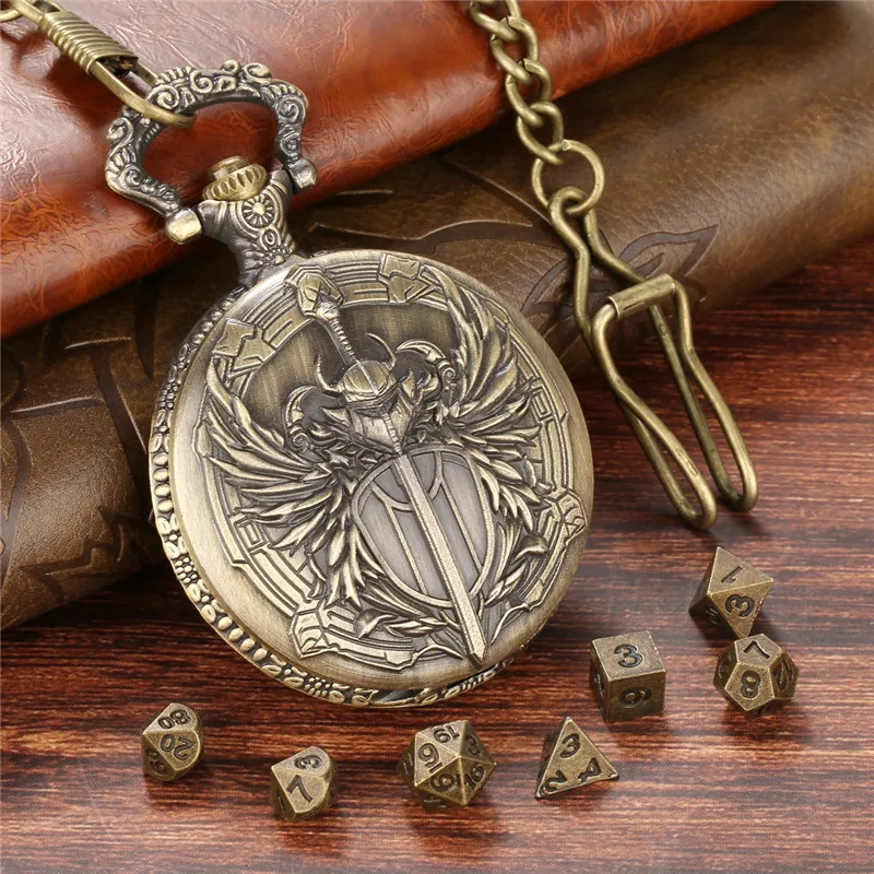 Bronze geschnitztes Paladin-Taschenuhrengehäuse, Fob-Kette, 7-teiliges polyedrisches Würfelset aus Metall für Unterhaltung, Rollenspiele, Gaming-Würfel – Detail 2