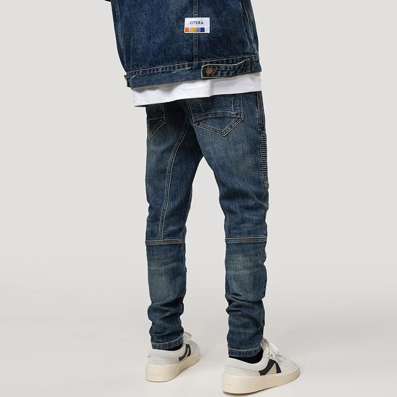 Streetwear Fashion Men Jeans Retro Dark Blue Elastic Slim Fit Ripped Biker Jeans Men Spliced Designer Hip Hop Denim Pants Hombre
