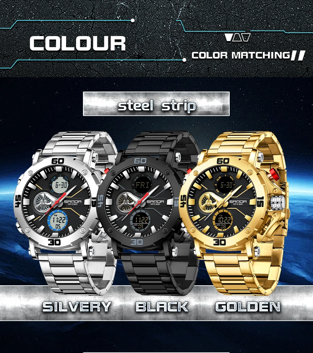 SANDA New 3350 Luxury Stainless Steel Watch Men Military Sport Quartz Waterproof Luminous Stopwatch Electronic Digital Men Watch 6