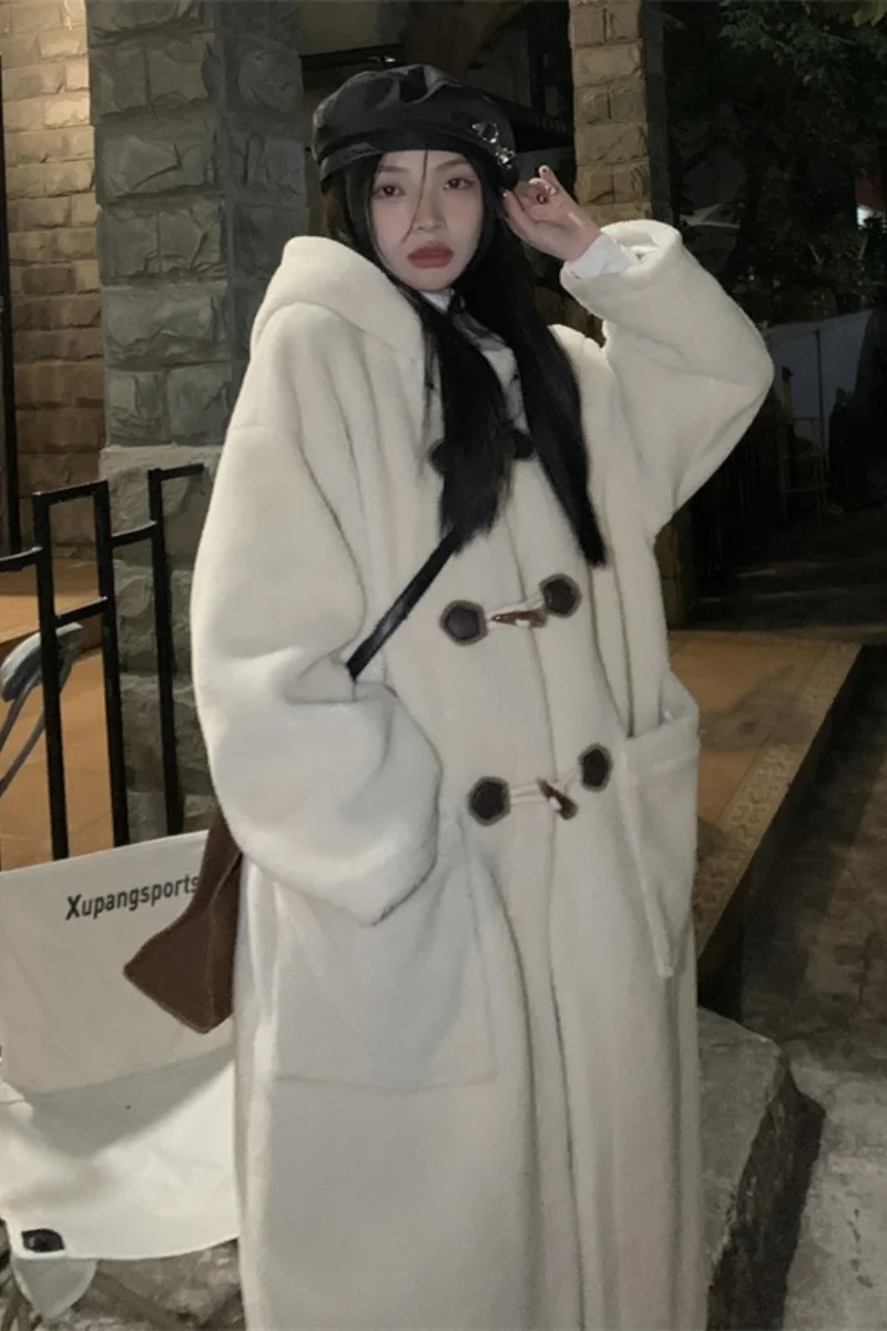 2022 Winter Long Women Cotton Padded Hoodies Lamb Wool Medium Length Warm Thicken Parka Fluffy Overcoat