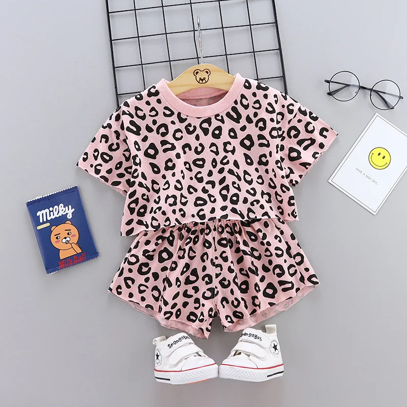 Boys Girls Leopard print Cotton Kids T-shirts Sets Baby Clothing Summer Newborn Infant Sports 2Pcs Sets Toddler Girl Clothes Set