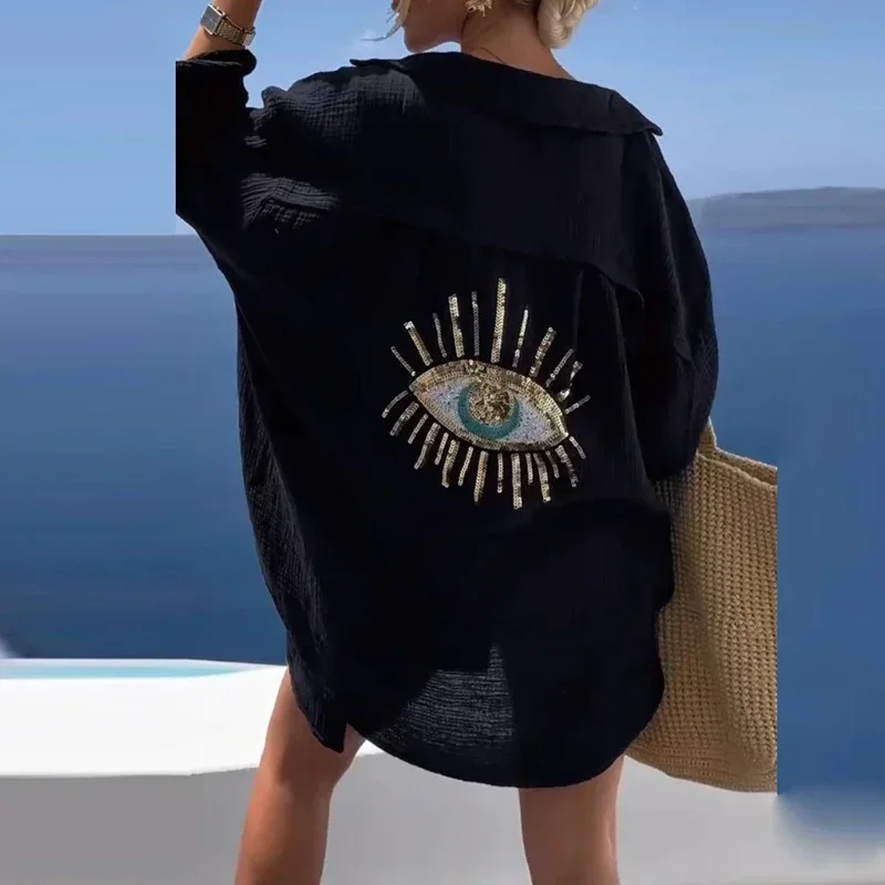 2024 Summer Women Casual Sequined Beaded Shirt Turn-down Collar Long Sleeve Button Long Blouse Geometric Evil Eye Tops