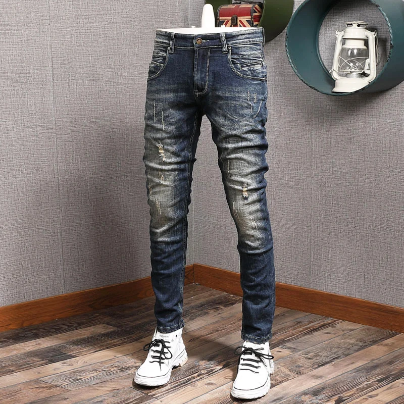 

Newly Designer Fashion Men Jeans Retro Black Blue Elastic Slim Fit Ripped Jeans Men Spliced Vintage Casual Denim Pants Hombre