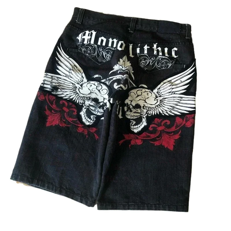 American Summer Denim Shorts High Street Hip-hop Y2K Retro Dark Personality Trend Pattern Print Casual Loose Denim Shorts