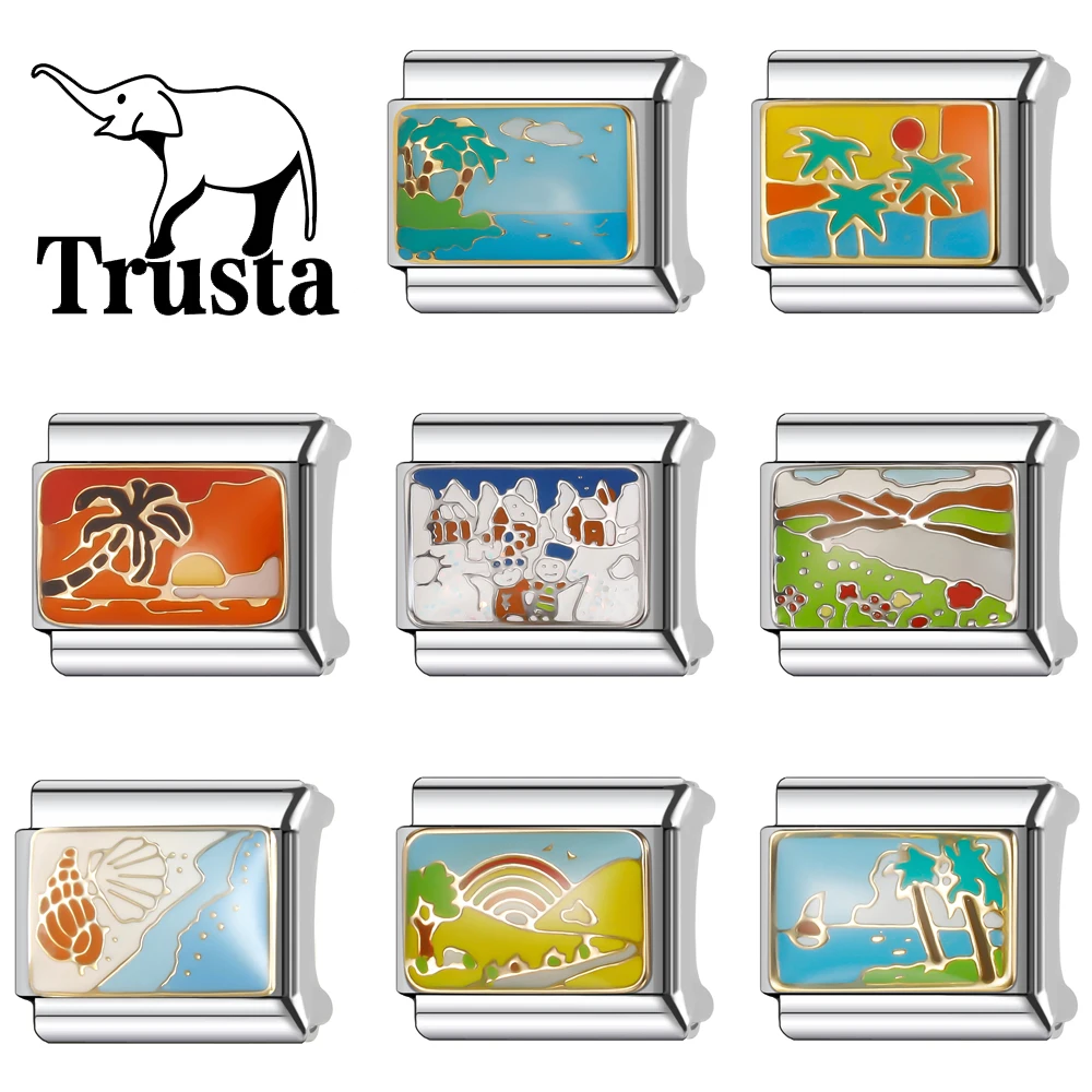 

Trusta 2024 New Fine Nautical Landscape Charm Italian Links 9mm Stainless Steel Bracelet for Women DIY Jewelry Wholesale N036