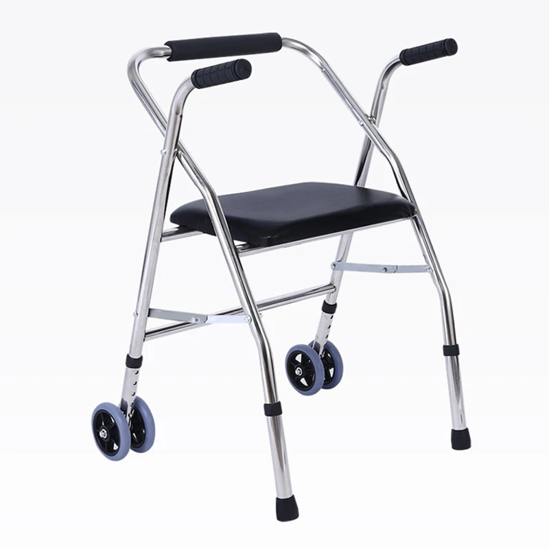 

Folding Walker with Seat Pulley Four Legged Crutches for Elderly Rehabilitation Exercise Walker Height Adjustable Stable Walker