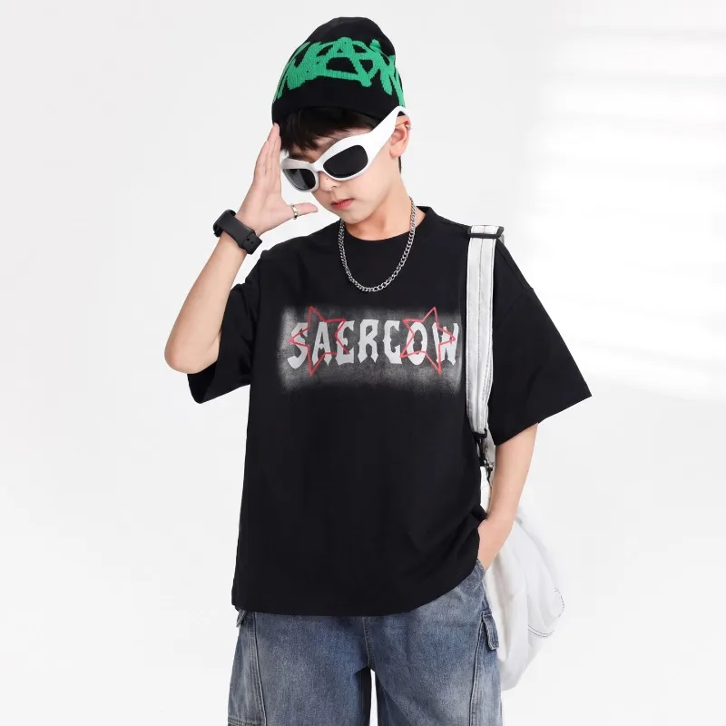 Boys T Shirt Summer 2026 Letter Print Short Sleeve Round Neck Tops Cool Children Clothes Breathable Streetwear Fashion Daily - 4