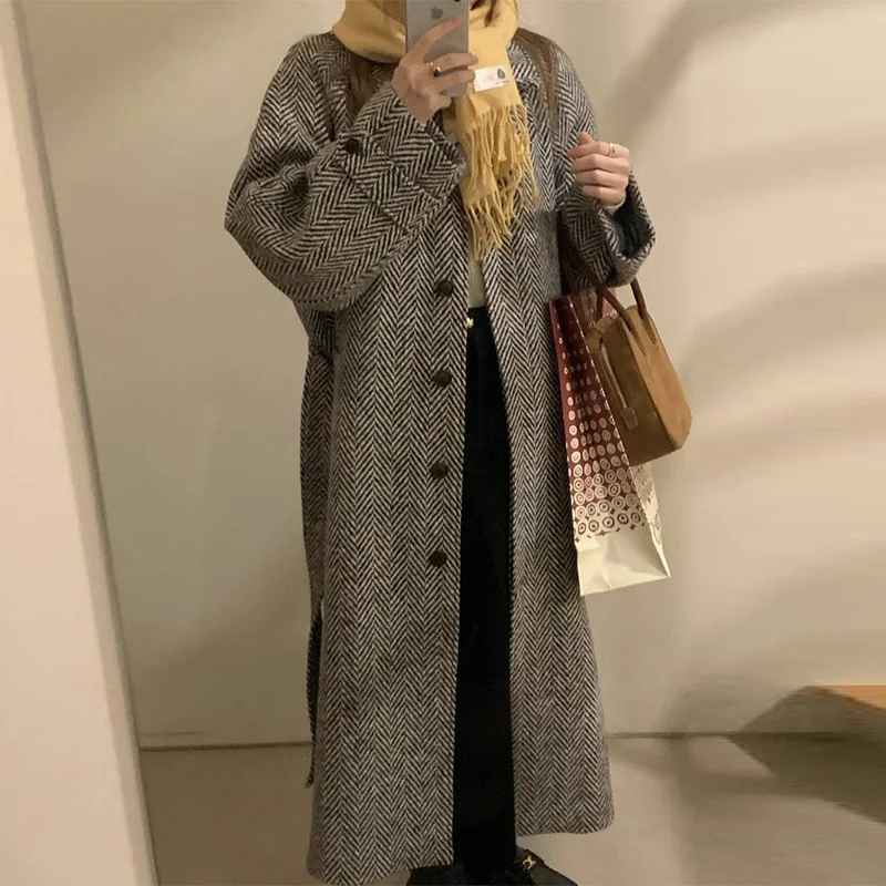 

Vintage Wool Blend Long Coat for Women Autumn Winter Casual Long Sleeve Single Breasted Lapel Jacket 2023 Female Street Overcoat