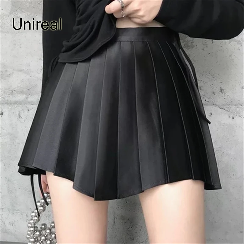 

Unireal 2022 Summer Y2k Women Mini Skirts High Waist Vintage Sexy Black Satin Short Pleated Skirt