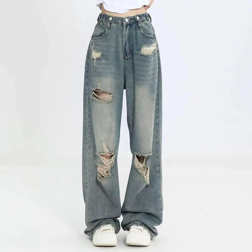 American Retro Hole-punched Jeans Women High Waist Straight-crotch Loose Slim Design High-street Vibe Wide-legged Dragging Pants 2